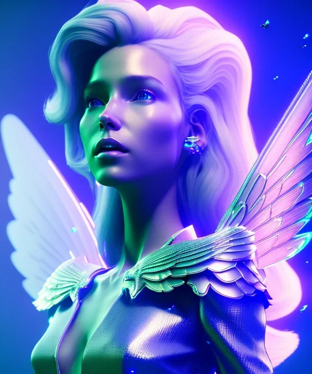 A crystalised queen, atmospheric, realistic, unreal engine, cinematic lighting, octane render. blue, pink, transparency, light, shine,bright, full body, transparent wings, blonde, long hair, smile