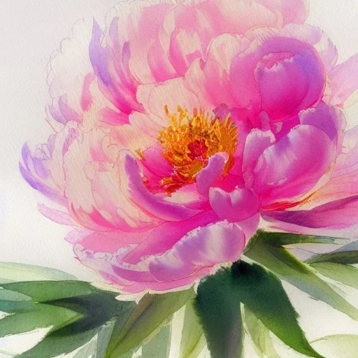 whimsical watercolor of a peony, warm colors, water color streaks and splashes, highly detailed, in the style of John Singer Sargent, white space