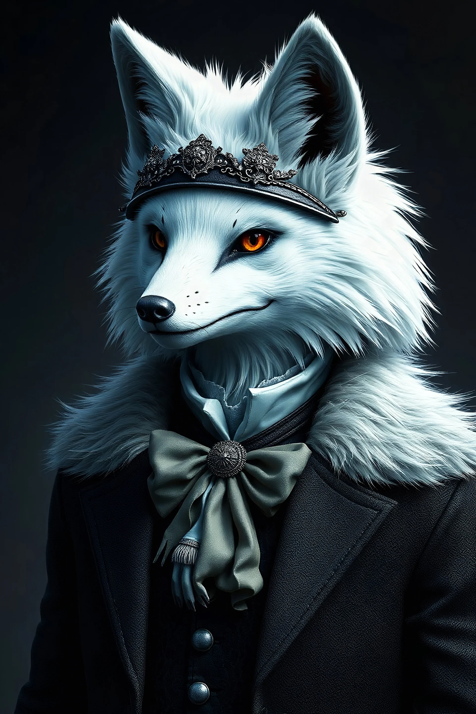 A human-like white fox in the style of Bloodborne, wearing fancy clothes