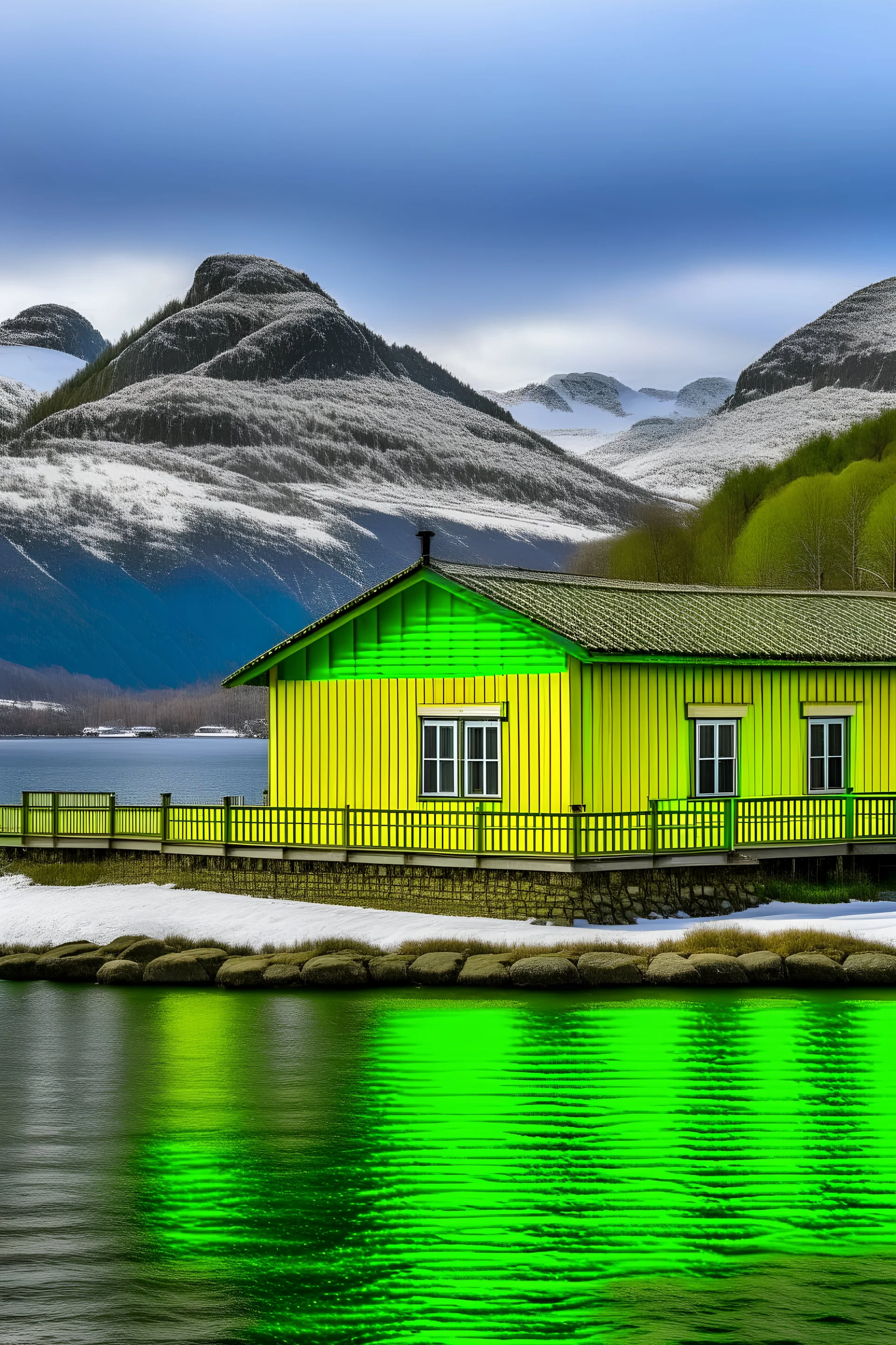 donkergeel noors houten huisje bij fjord met blauwgroen water en berg met sneeuw in de verte op de achtergrond. Het huisje is klein en je ziet veel omgeving
