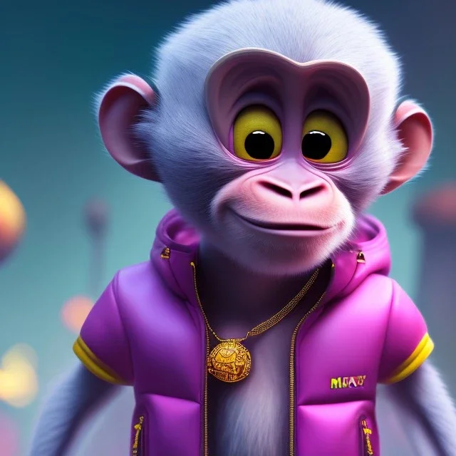 pixar style anamorphic cute monkey baby, smiling, gangsta gold neckless, full body, magenta puffer jacket, manila city backdrop, dramatic lighting, hyper-realistic, unreal engine 5, 16k. full detailed,