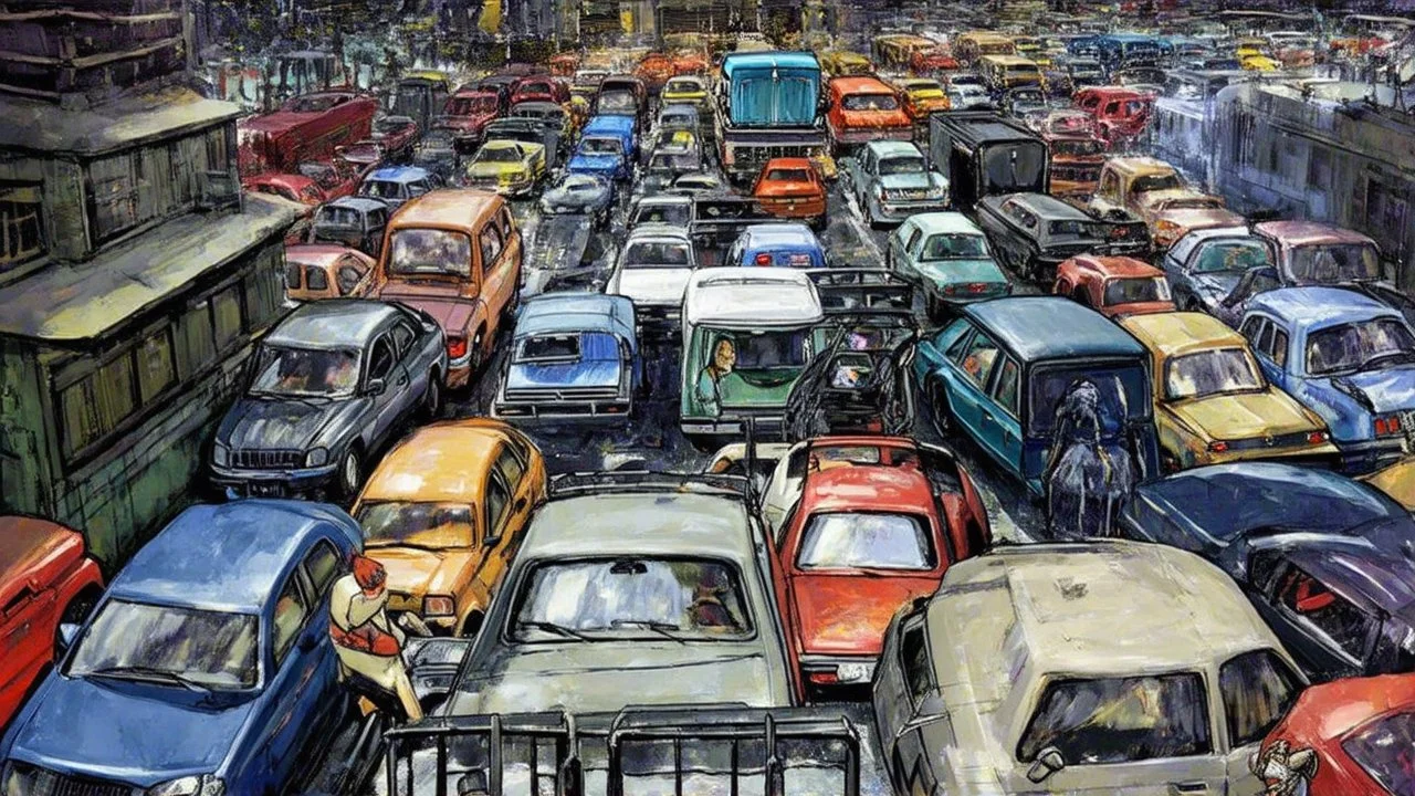 fantasy, A crowded parking lot filled with a variety of cars, trucks, and other vehicles of different makes, models, and colors. The scene depicts a busy urban environment with tall buildings visible in the background, adventure core, soft and dreamy depictions, epic eerie