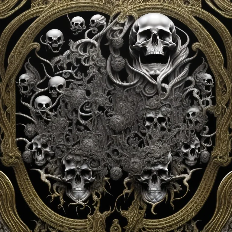 the source of future growth dramatic, elaborate emotive metallic Baroque and Rococo styles to emphasise death as a transcendental, seamless pattern, symmetrical, large motifs, sistine chapel ceiling, 8k image, sharp focus, gothic mothifs and (skulls:1) in rococo style, black metal forge, black colors, perfect symmetry, 3D, no blur, sharp focus, photorealistic, insanely detailed and intricate, cinematic lighting, Octane render, epic scene, 8K