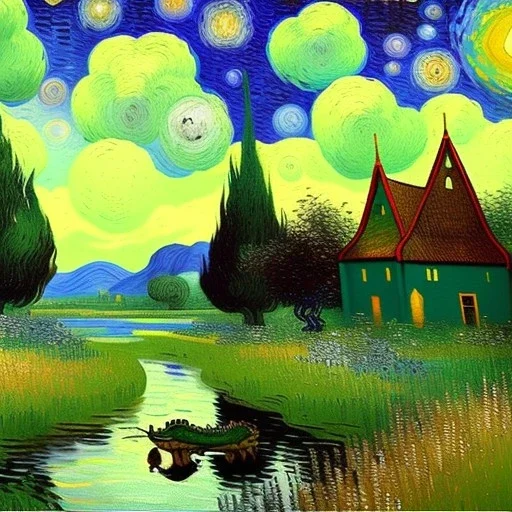 Dibujo al oleo de una pradera con una casa y un rio con cocodrilos con muchas nubes de colores estilo Vincent van Gogh