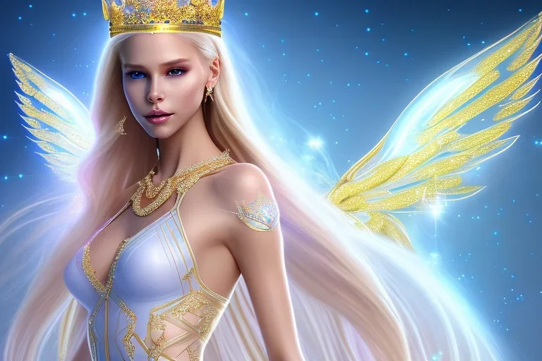 beautiful, very soft, smiling, very straight and long blonde hair, dewy and shiny vibe, diamond crown, long fairy wings in the back, soft and young full head, golden veil clothes, smiling, bachground lights pink and blue