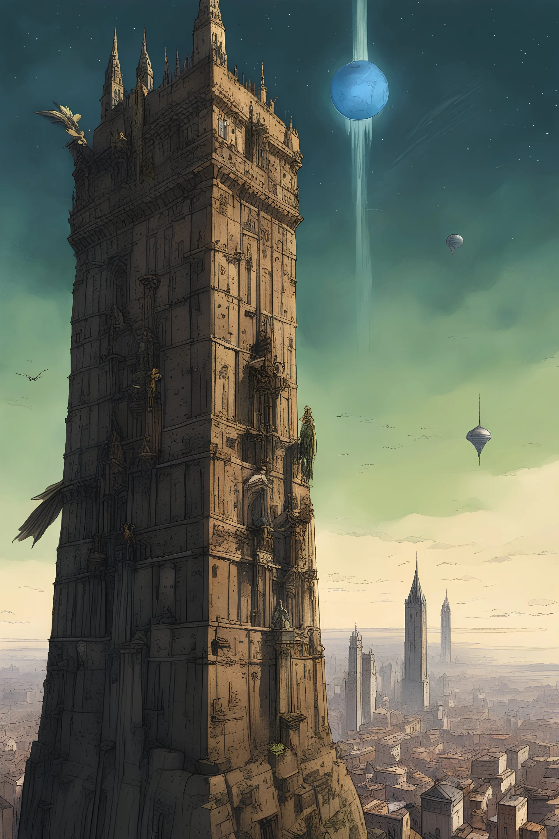 A nighttime, (realistic color) drawing of a female valkyrie looking out from the top of a tall rectangular brown tower at a city like medieval Bologna (many tall, rectangular brown towers dominating the city like skyscrapers). It is nighttime and a terrestrial, green and blue Earth-like planet is in the sky that the valkyrie is looking at. The valkyrie has a valkyrie-style helmet on and she looks like a silhouette. The valkyrie is looking directly at the planet in the sky.