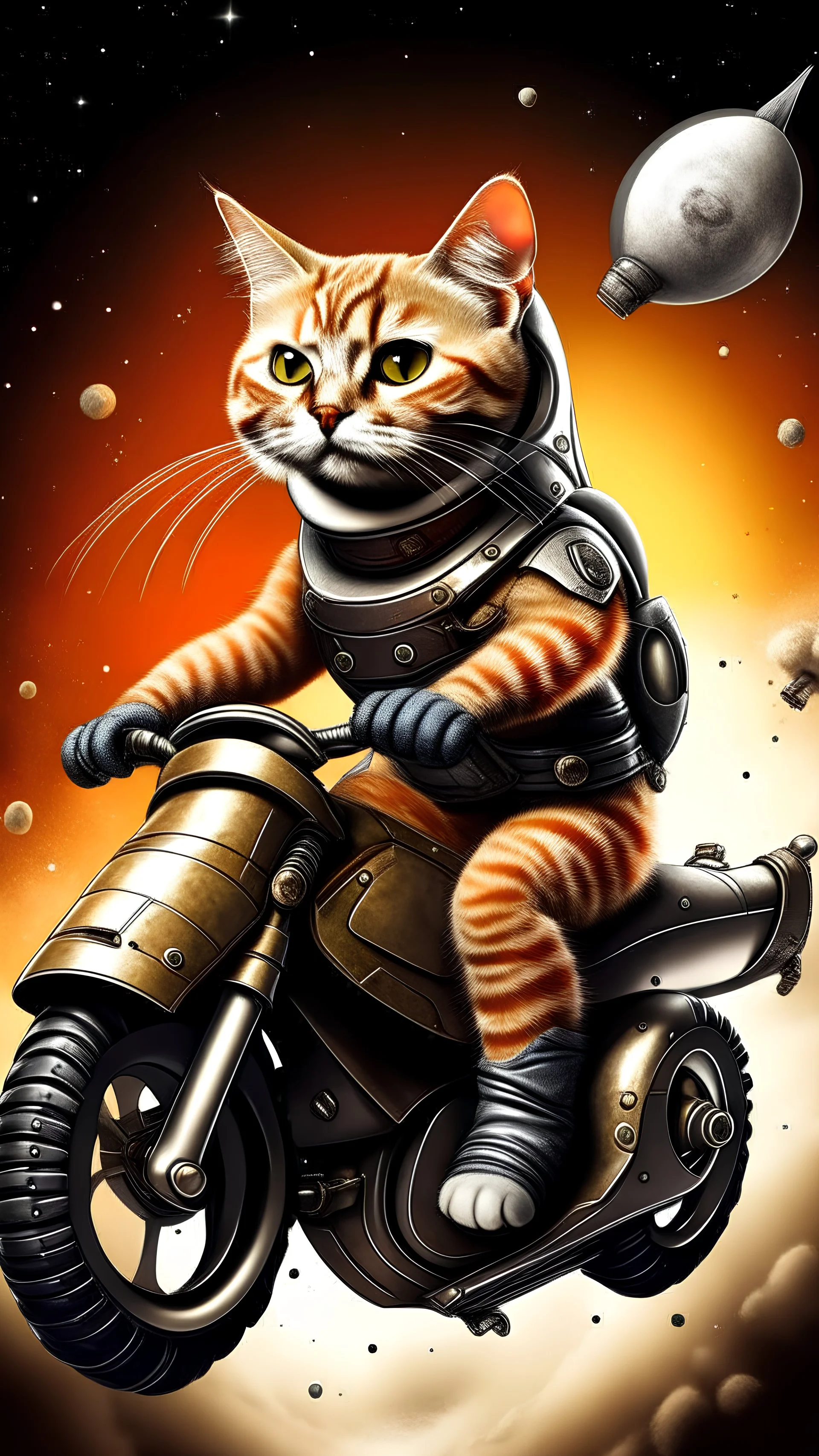 cat riding a rocket motorcycle wall art .