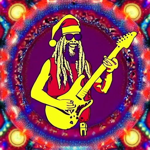 hippie Santa playing electric guitar, psychedelic, peace sign, MUSHROOMS, TRIPPY, ACID, LSD, dreadlocks