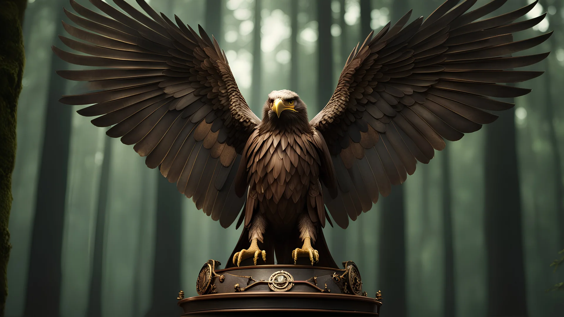 High-end state-of-the-art STEAMPUNK aesthetics flawless, Epic Eagle on forest background, close-up shot, hard light chiaroscuro, realistic, vivid, professional, extremely detailed, stunning, wondrous, fantastic, supreme cinematic-quality photography,walnut wood green armour rugged, Art Nouveau-visuals,Vintage style Octane Render 3D technology,hyperrealism photography,(UHD) high-quality cinematic character render,Insanely detailed close-ups capturing beautiful complexity,8k