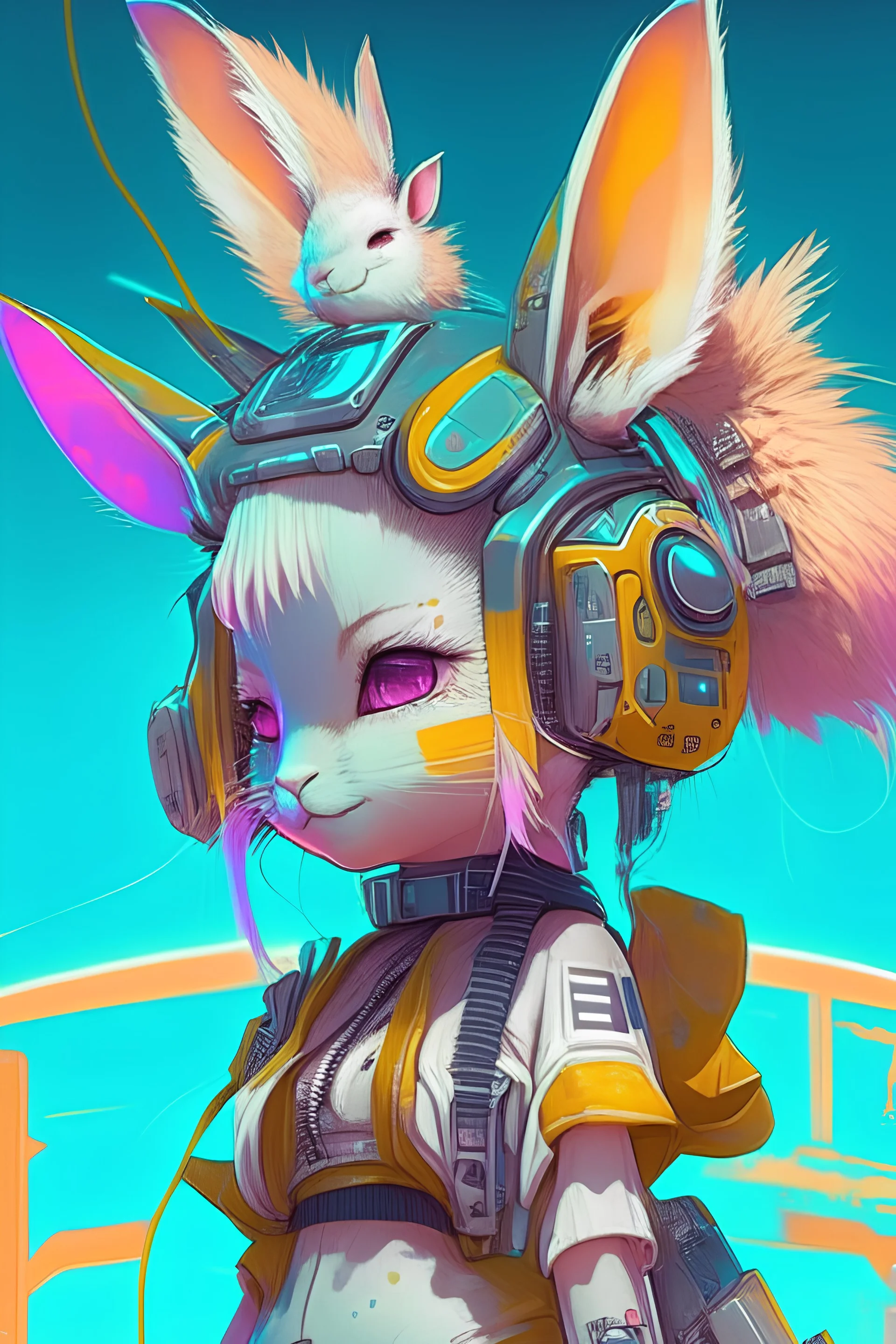 a solar punk cute avatar in a futuristic world. Rabbit japanese kawaii style.