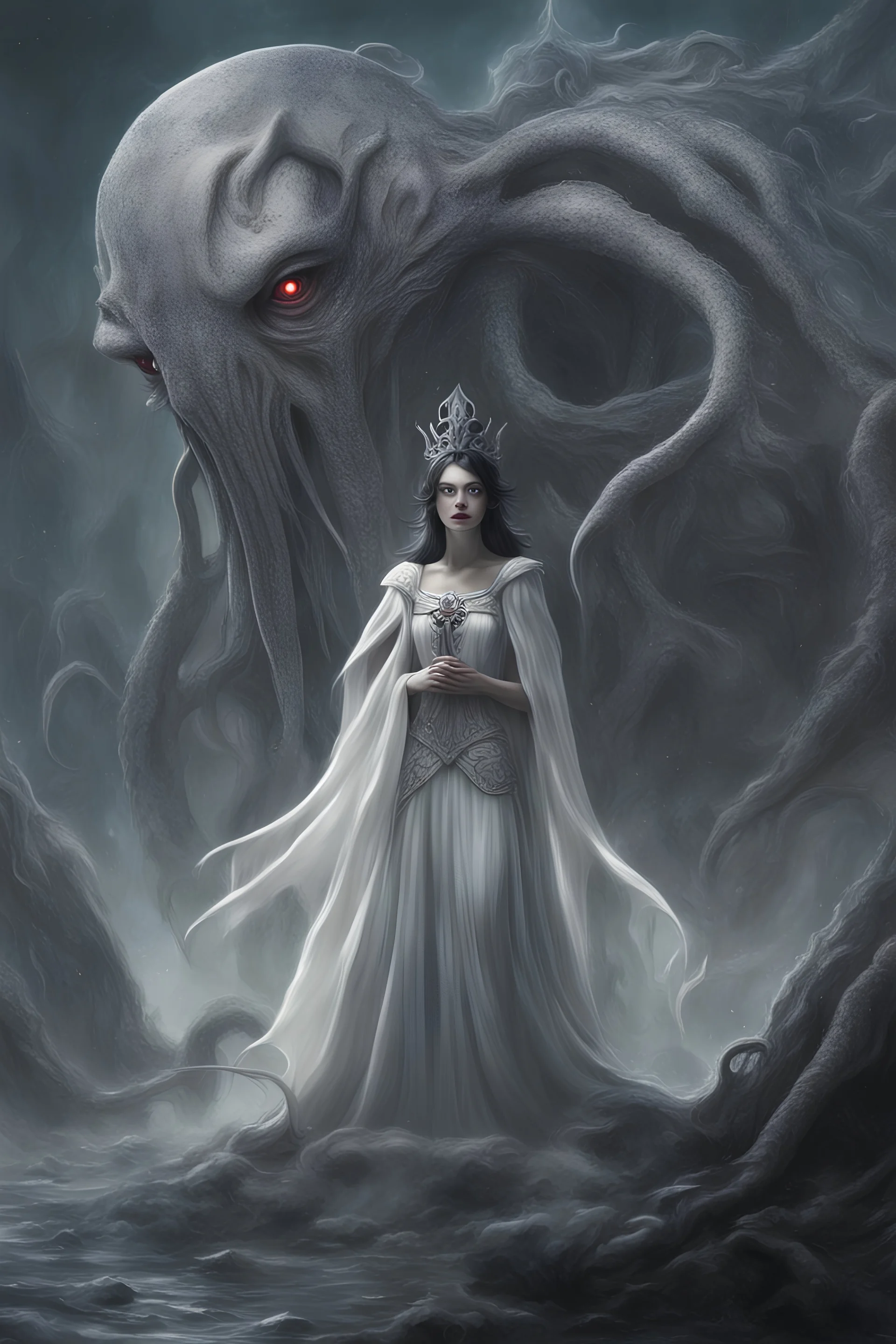 Snow-White has become a Goddess and stands with Cthulhu to rule the world :: extremely detailed 3D Airbrush art, Octane render, pencil sketch, deep color, dark fairy tale, dark fantasy