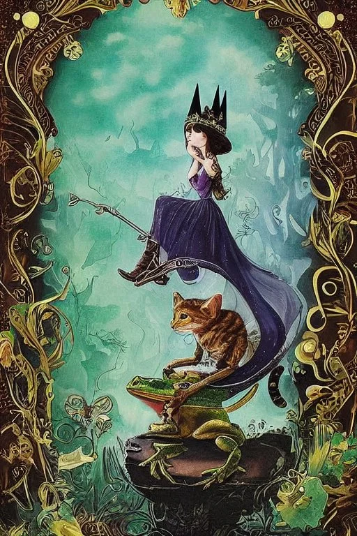 dark fantasy, intricate cover, whimsical with a cat in boots next to a frog with a crown and a translucent glass slipper