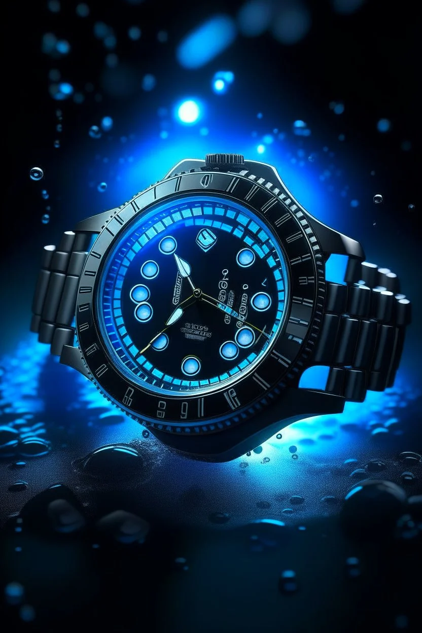 Design a captivating image of an Obsyss diver's watch submerged underwater. Emphasize the watch's water-resistant features, and play with lighting effects to create a realistic underwater ambiance.