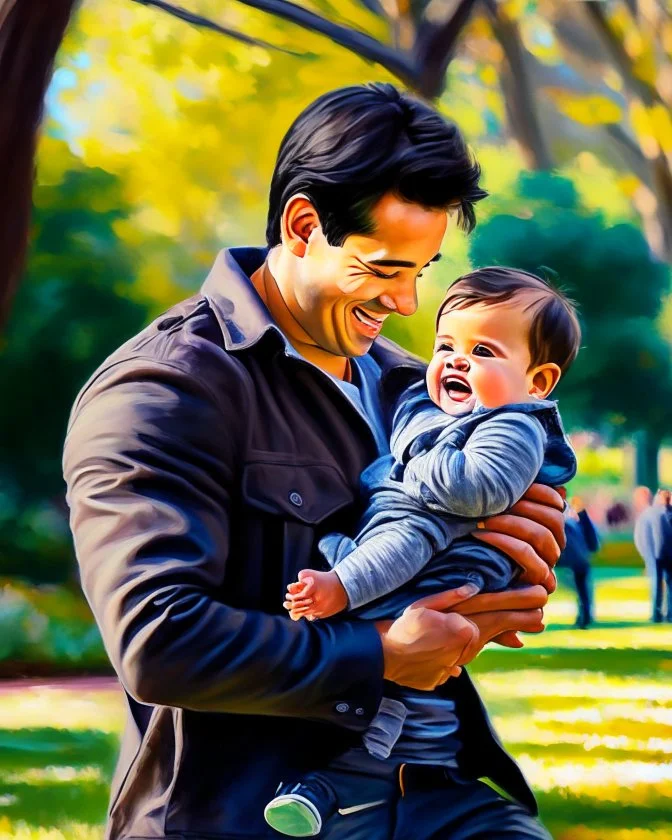 Papá alegre con su bebe jugando en el parque felíz cuerpo completo colores contrastantes obra de arte arte impresionista impactante detallado ojos marrones pelo negro hiperrealista 8k coherente