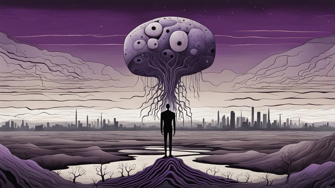 an giant block of amorphe stone of several layers inner a human figure stands alone , in outside around weird landscape with city in the distance, sharp lines, fade pale eyes, fade human figures in city, dark purple, gray, black, white, brown. Whimsical style and surreal vibe, lonely with absurd broken land, neuron network background, surreal nightmare vibe