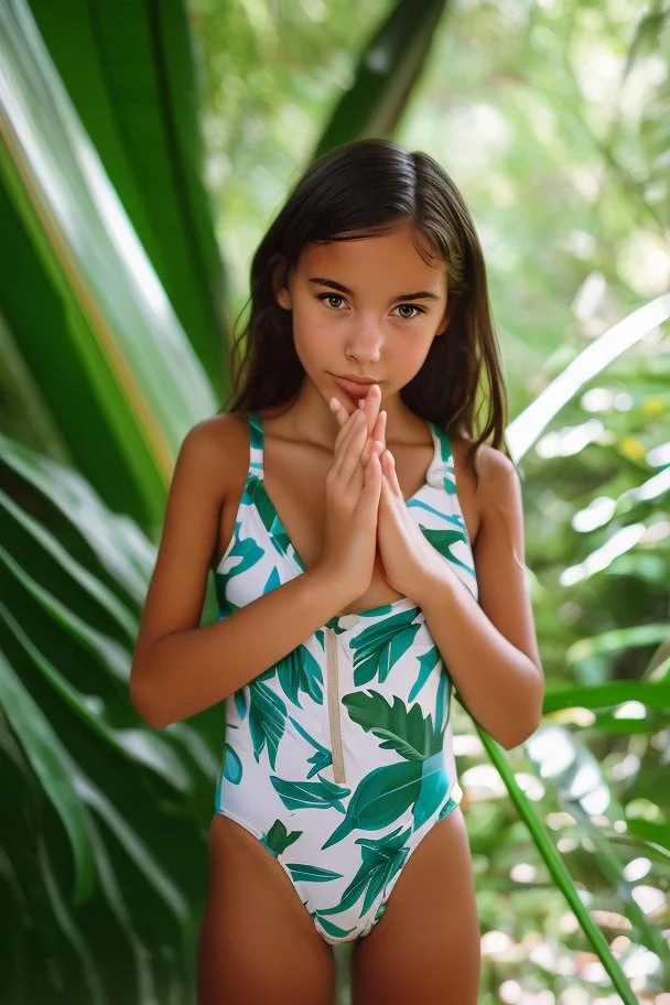 young natural teen girl in the jungle playing with dad in swimsuit. in a bed