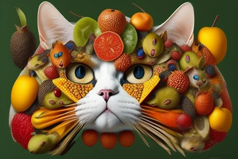 Cat head made of fruits fish mouses. Giuseppe Arcimboldo