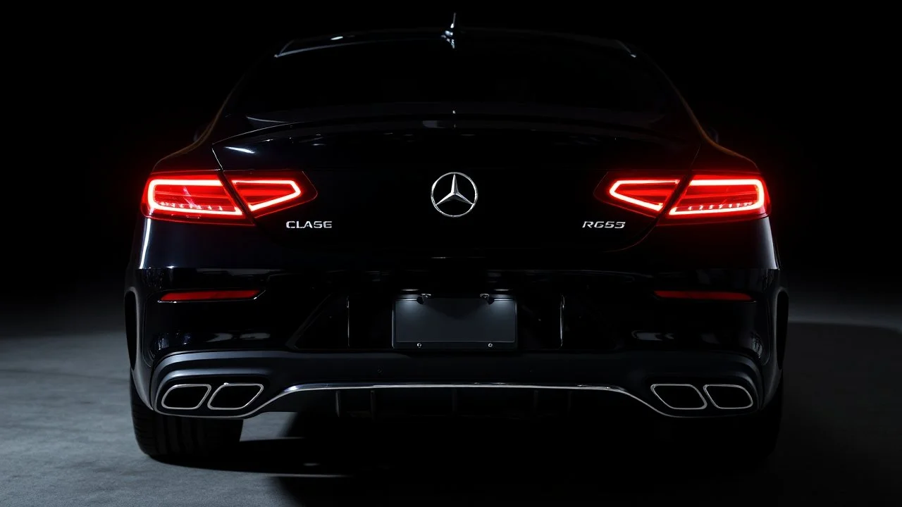 Full image of the rear view of a black Mercedes-Benz CLS with lights on