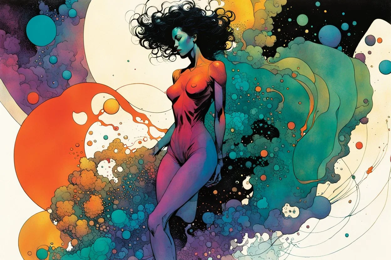 create a wildly abstract and chaotic full body illustration of an amorphous woman utilizing fluid shapes, in the comic book art style of Bill Sienkiewicz, Mike Mignola, and Jean Giraud Moebius, finely textured, drawn, colored, and inked