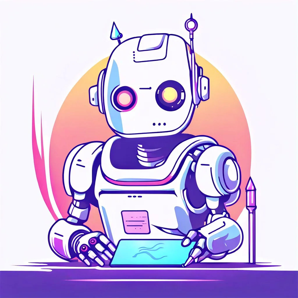 Minimalist cyberpunk logo, cute robot holding a Quill ,minimalist, vector, T shirt design, Solarpunk, continuous, sticker, isolated white background --ar 16:9 --no mockup, shadow, text