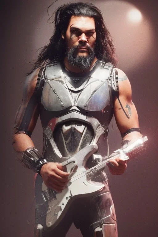 Jason Momoa like a cyborg,playing electro guitar,detail,textures