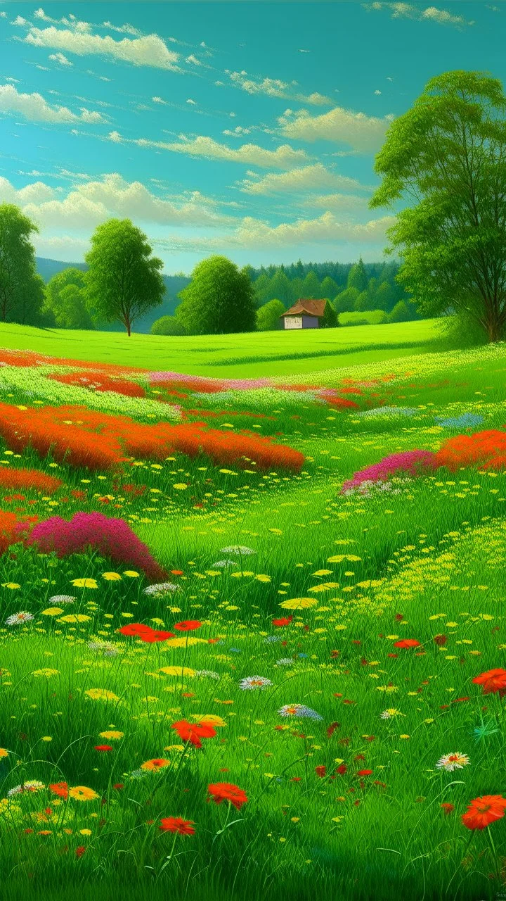 A green meadow filled with flowers painted by Frank Wilson