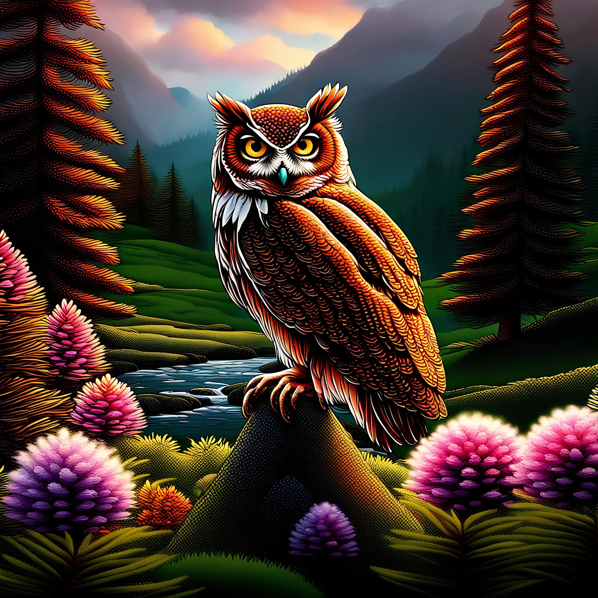 Create the most beautiful ultra-realistic image of an owl with big eyes in the world sitting on top of a fir tree and overlooking a wonderful green valley where a beautiful stream flows with colorful flowers to its banks, perfect clarity in high quality 24K resolution, deeply immersed in meditation, its feathers are carefully designed to present a breathtaking realism. This mesmerizing image shows the bird's intricate plumage, each feather sculpted to perfection. The vibrant colors of its feath