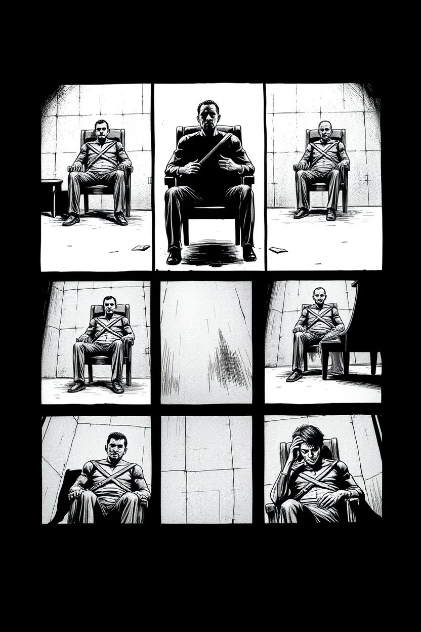 a page divided into 6 rectangular panels, each with different views of a man strapped to a chair and being interrogated, lower and higher perspectives, suspenseful torture graphic novel, comic book