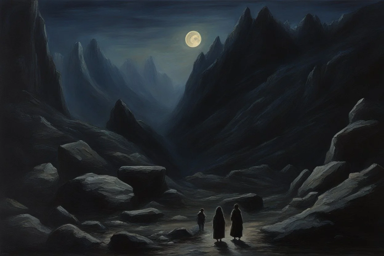 night, people, rocks, mountains, mistery, dark philosophic influence, gothic movies influence, fantasy, auguste oleffe and sidney starr painter impressionism paintings