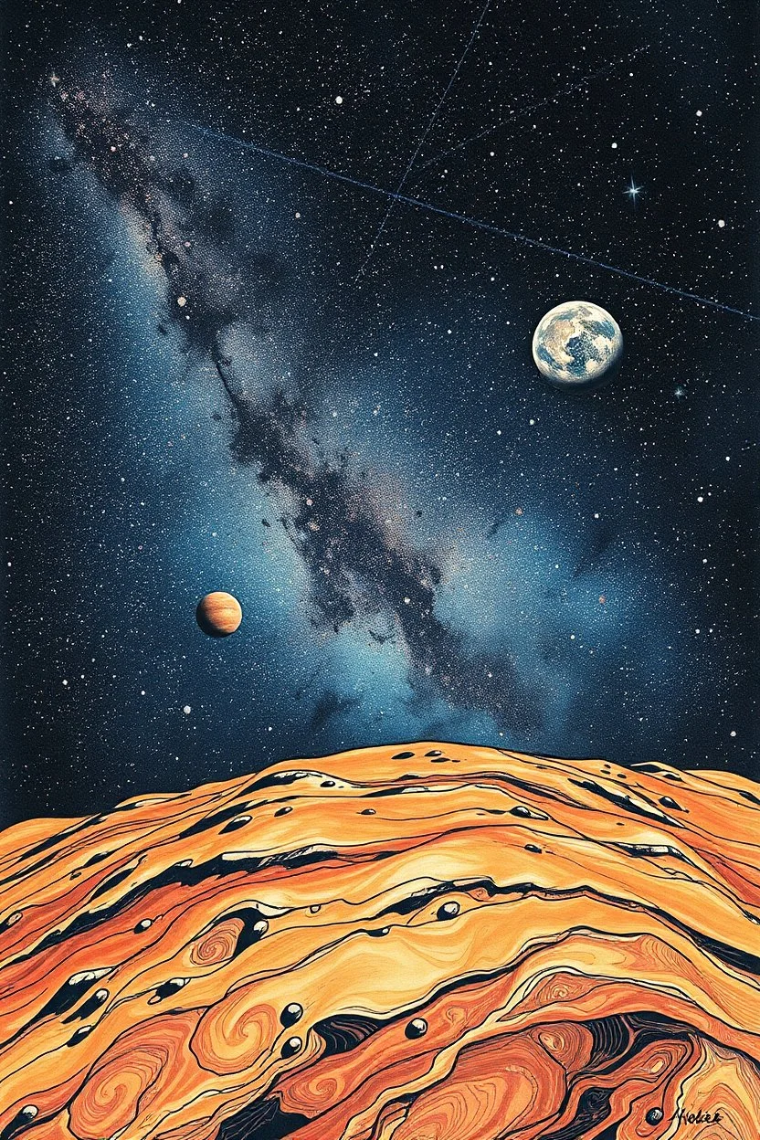 Bosch painting style of a stars in the space with earth and other planets in it, thine line draw style, show a shot of a view of Mars surface