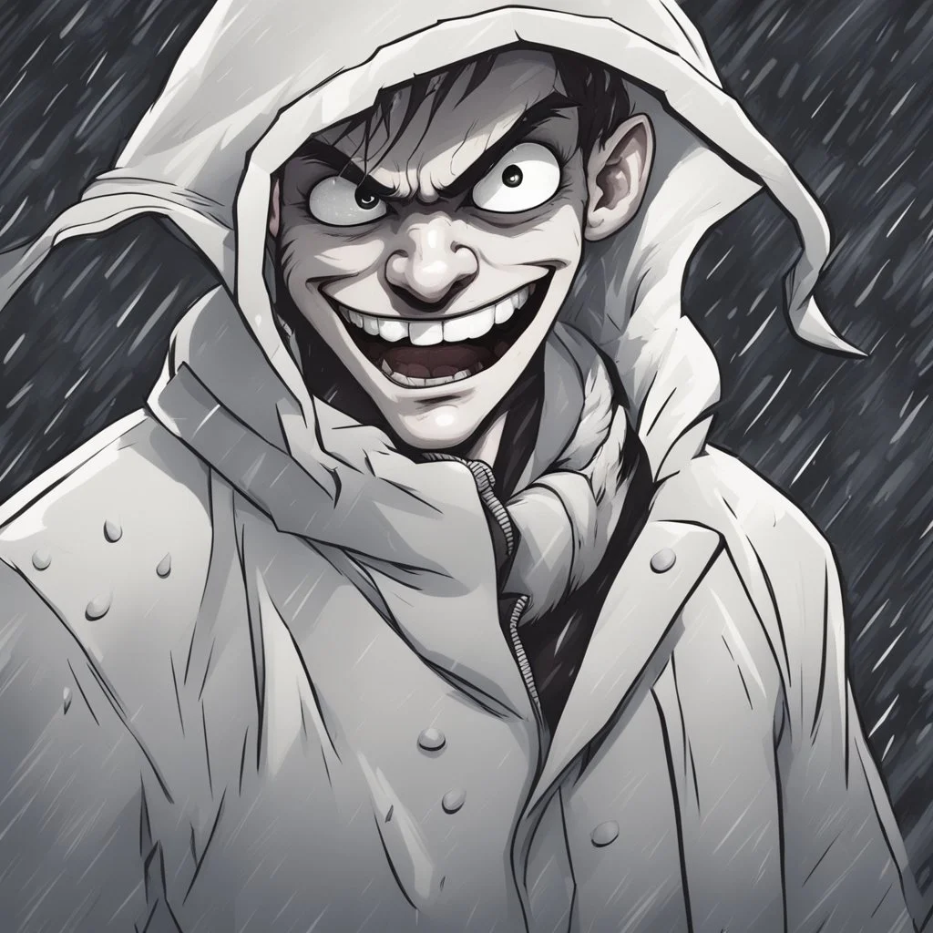 a closeup of a psychopathic young man with white eyes in a heavy coat and hood during a rainstorm laughing cartoon