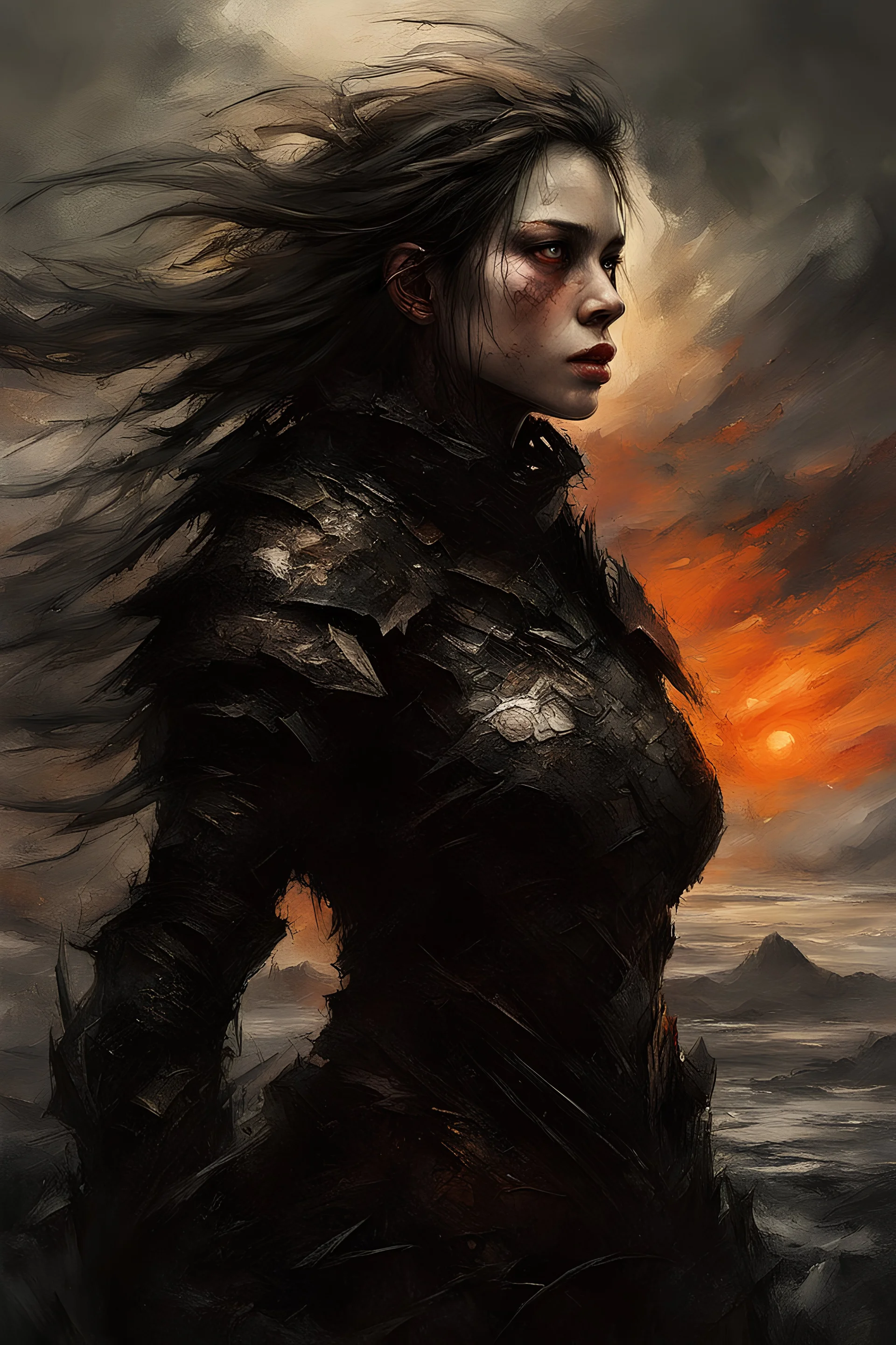 A formidable warrior girl in black armor, against monster, against the background of an amazing gloomy landscape flooded with sunset, mountains, trees, a fabulous scary hero, juicy emotions, painting, gloomy fantasy, gloomy day, dark world, portrait, oil and graphite, wide strokes, a weaving frame around, by Ryohei Hase, Agnes Cecile, Raymond Swanland, Anne Bachelier