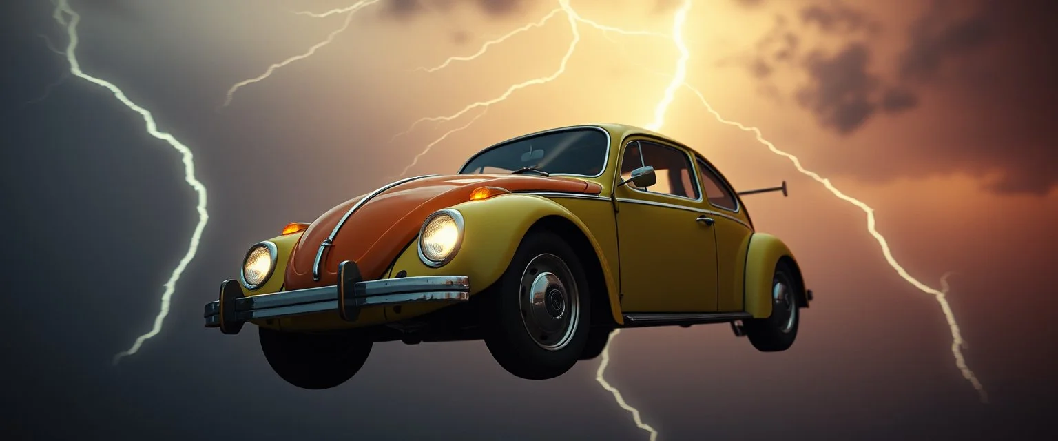 a high definition screen shot of a jet-fighter vw-beetle, retrofuturistic, phototrealism, in flight, one subject, thunderstorm