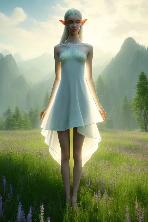 elven young woman, wearing light dress, happy expression, visible ultradetailed armonious cute femine face, visible and ultradetailed body with legs and feet exposed, luminous weather, field in the mountains, ultra realistic, concept art, intricate details, highly detailed, photorealistic, octane render, 8 k, unreal engine, art by artgerm and greg rutkowski and charlie bowater and magali villeneuve and alphonse mucha