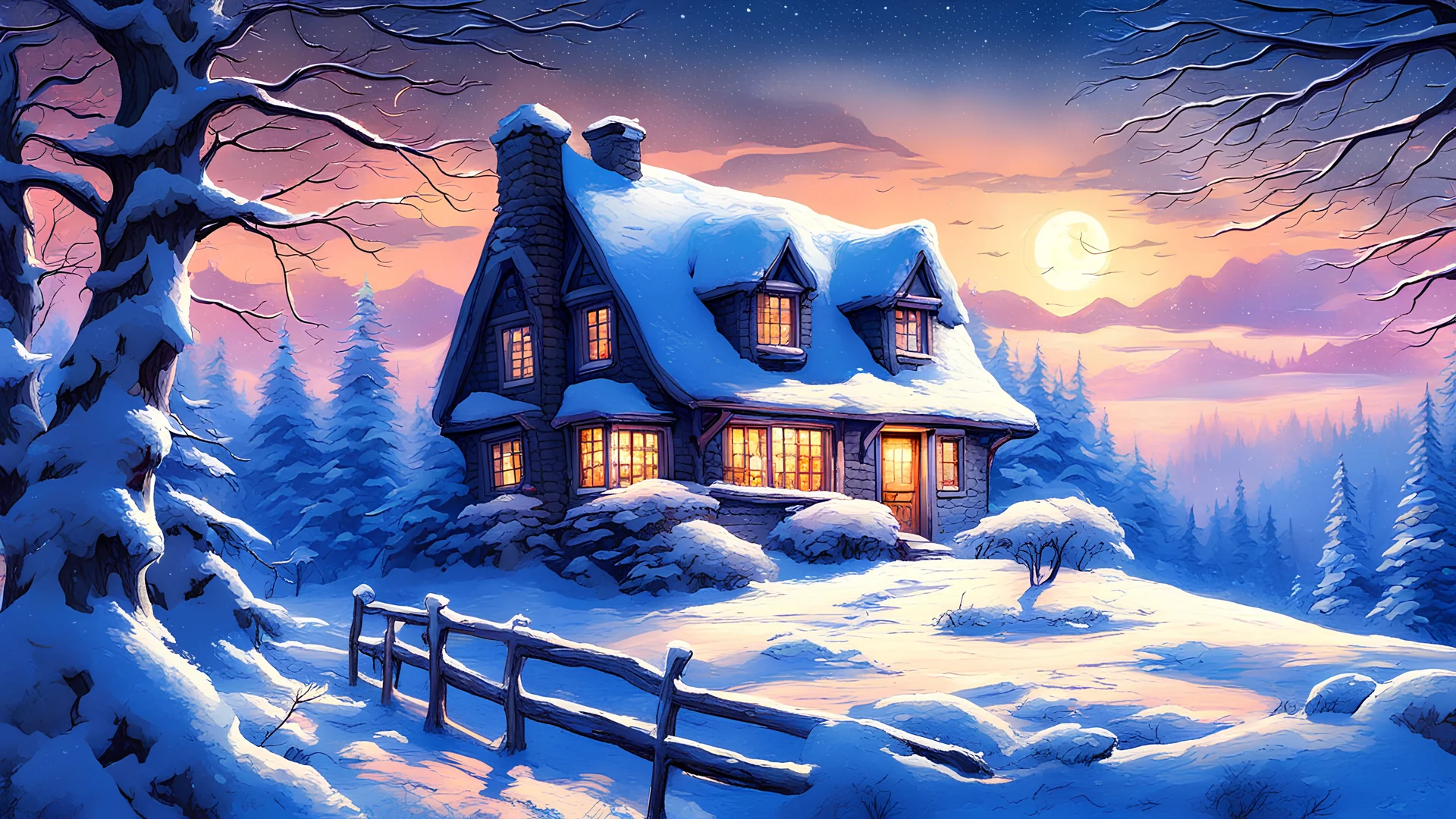 cottage in the woods, warmly lit windows at night, blue cold surroundings, snow-covered trees, starry night, magical atmosphere, contrasting colors, ultra detailed, fantasy, illustration, by Thomas Kinkade and Hayao Miyazaki, deviantart, stunningly beautiful, cinematic, dreamlike