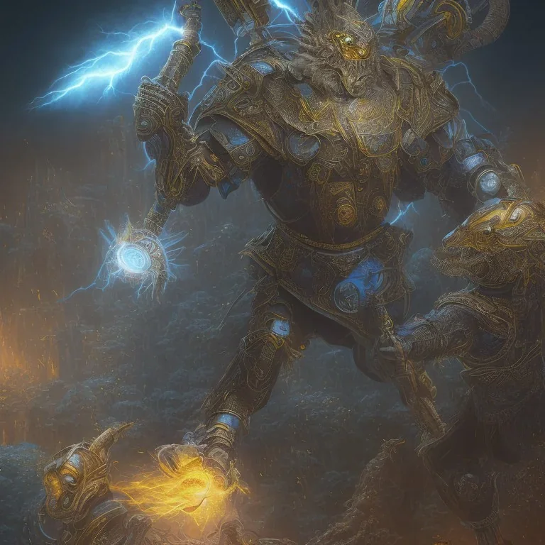 lightning, angry warrior in Blue and yellow battle armor with electric bolts of lightning, a highly detailed illustration, background of Inka jungle, realistic render, 8 k, micro detail, intricate, elegant, centered, digital painting, Artstation, smooth, sharp focus, illustration, artgerm, tomasz alen kopera, peter mohrbacher, donato giancola, joseph christian leyendecker, wlop, boris vallejo