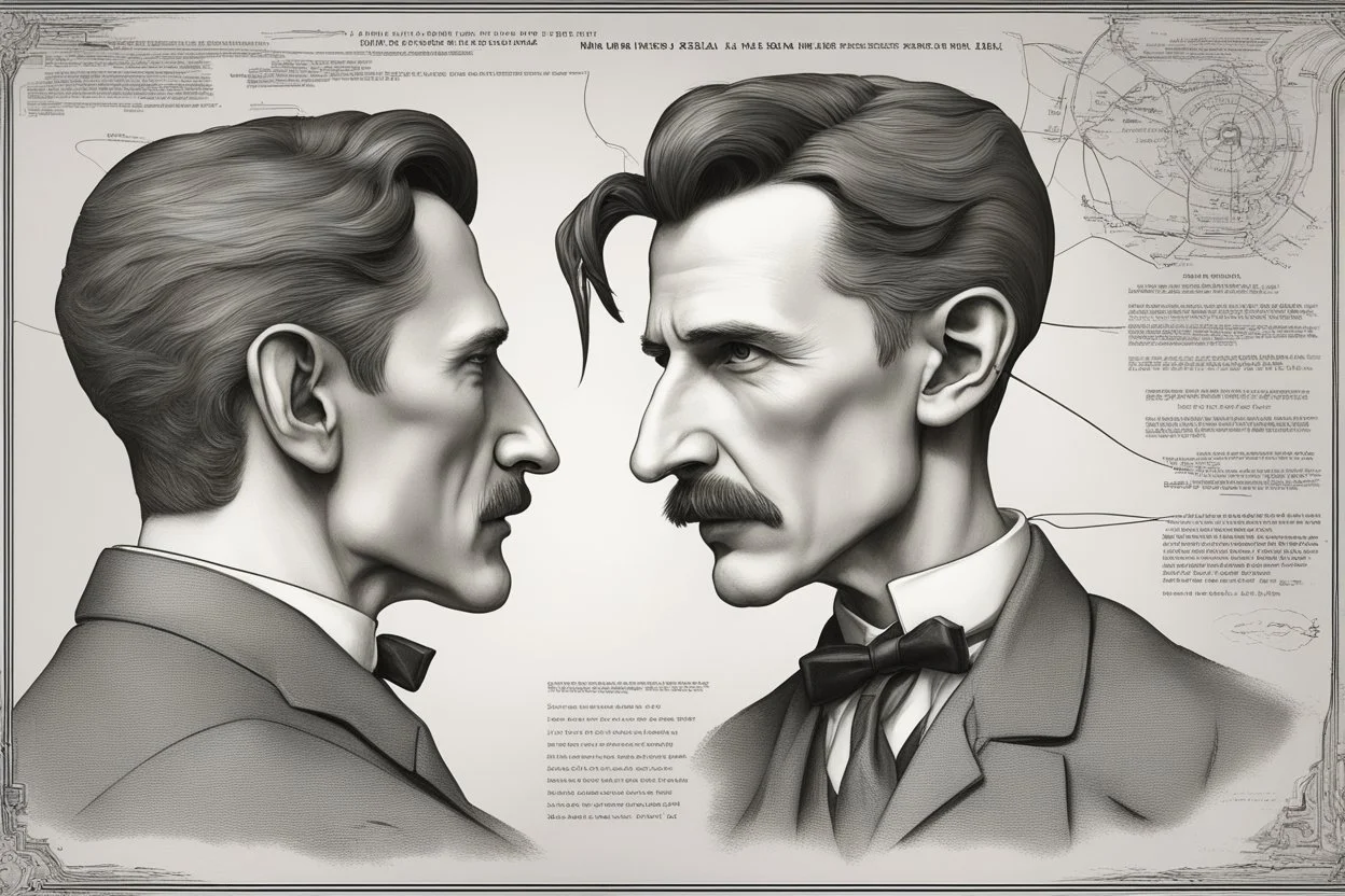 Nikola Tesla lifelike in the style of 3-d side view perpective