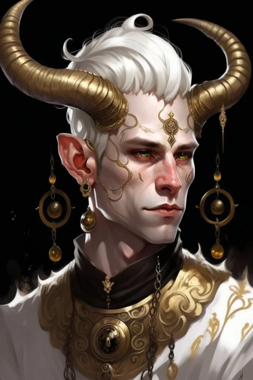 A young tiefling man with a set of ram horns on his head encrusted with jewels, White-Blonde, short hair, black eyes, dressed in white and gold with lots of jewelry, beautiful