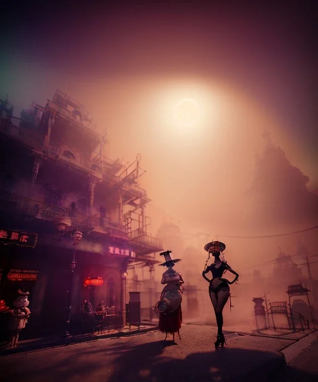 Surreal, steampunk , , cabaret scene. Geisha Asian woman. Fat old man, smoke, happy, hot, color fog, people background, highly detailed, concept art, unreal engine 5, god rays, ray tracing, RTX, lumen lighting, ultra detail, volumetric lighting, 3d, finely drawn, high definition, high resolution.