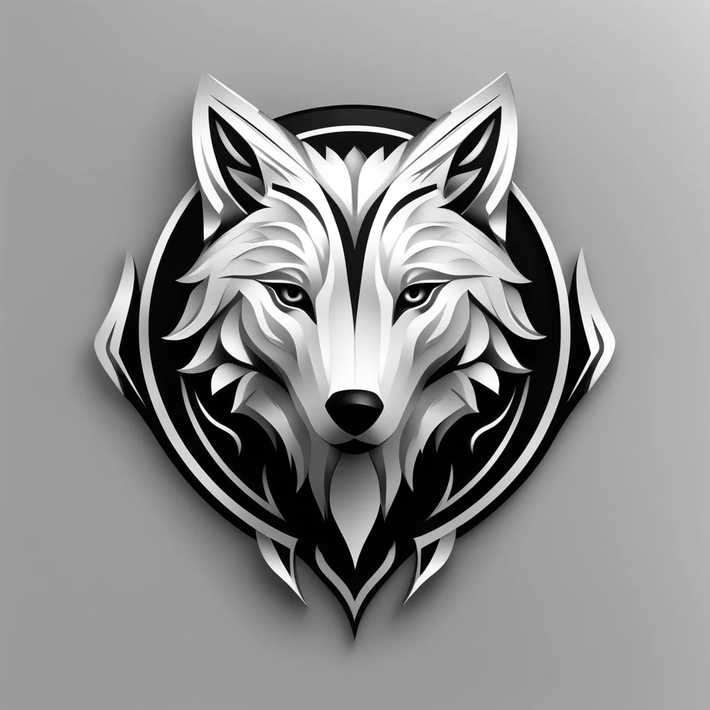 Front logo. 3D. Black, silver and white palette wolf in artistic style, minimalist