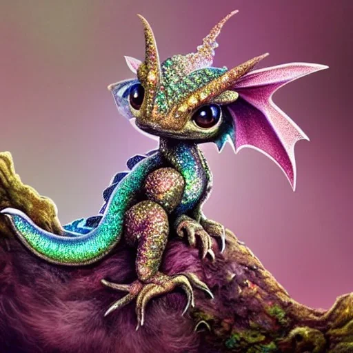 cute, adorable baby dragon made of crystals and gems, glittery scales, iridescent wings, sitting on forest floor, muted rainbow colors, intricate, fine detail, 8k, sharp, crisp, high-quality, 4k , octane render, detailed matte, brian froud, howard lyon, anne stokes, lisa parker, selina french, greg rutowski