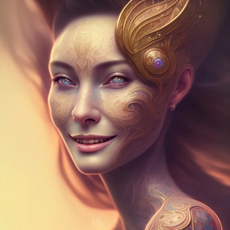 Portrait of woman, smiling, sango fantasy, fantasy magic, intricate, sharp focus, illustration, lot's of grain on the skin, tribal tatoos,highly detailed, digital painting, concept art, matte, masterpiece, one head, high key lighting, volumetric light high details psychedelic background