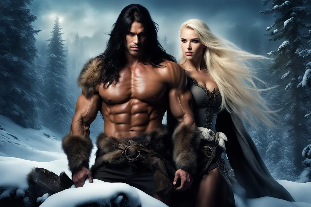 Giant muscular male mountain man with long dark hair with a petit female long blonde hair, dark fantasy, snowy forest