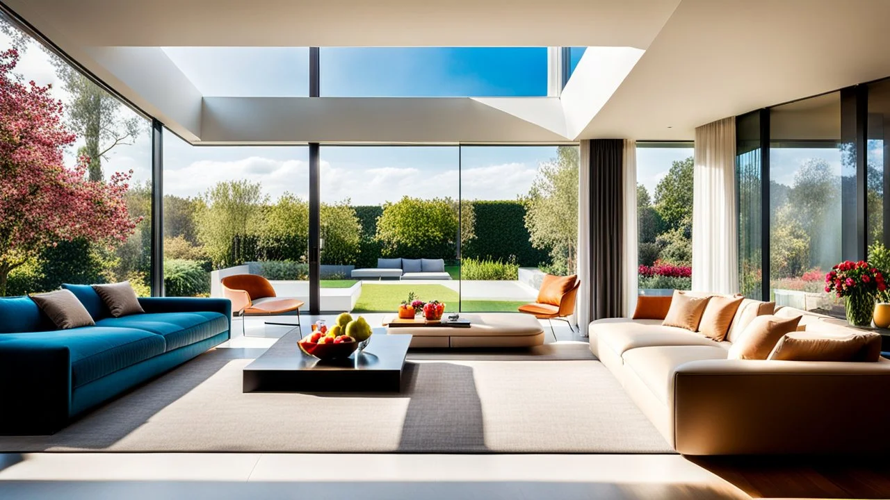 Beautiful modern luxurious minimal domestic living room, floor-to-ceiling windows look out onto attractive flower gardens and fruit trees. Room is light, comfortable, peaceful, welcoming and tasteful. The home was recently the winner of a national architecture award. Afternoon, springtime, blue sky with some high cloud.