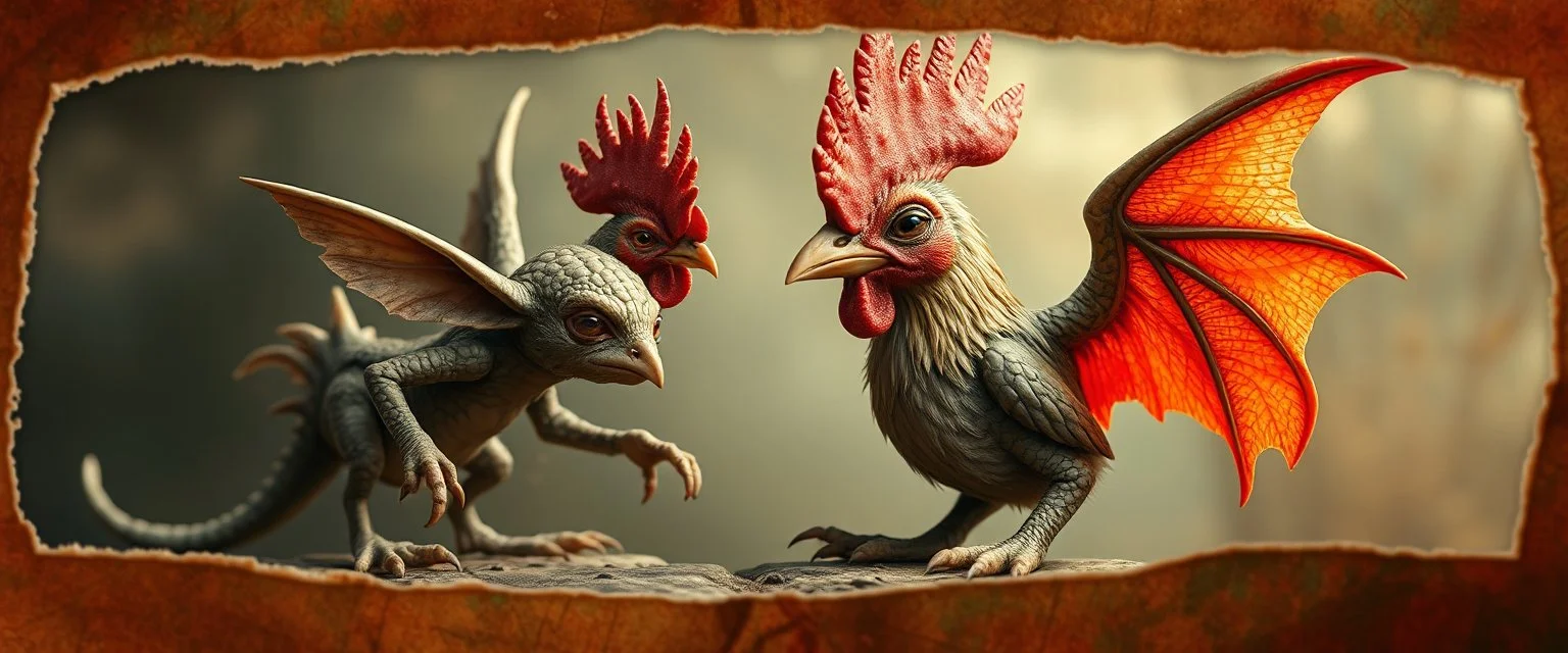 3d airbrush render, elf gremlin dodo punk dragon hen , pinhole cam, airbrush 3d rendering, in the style of Titian and Dali , torn edges on border