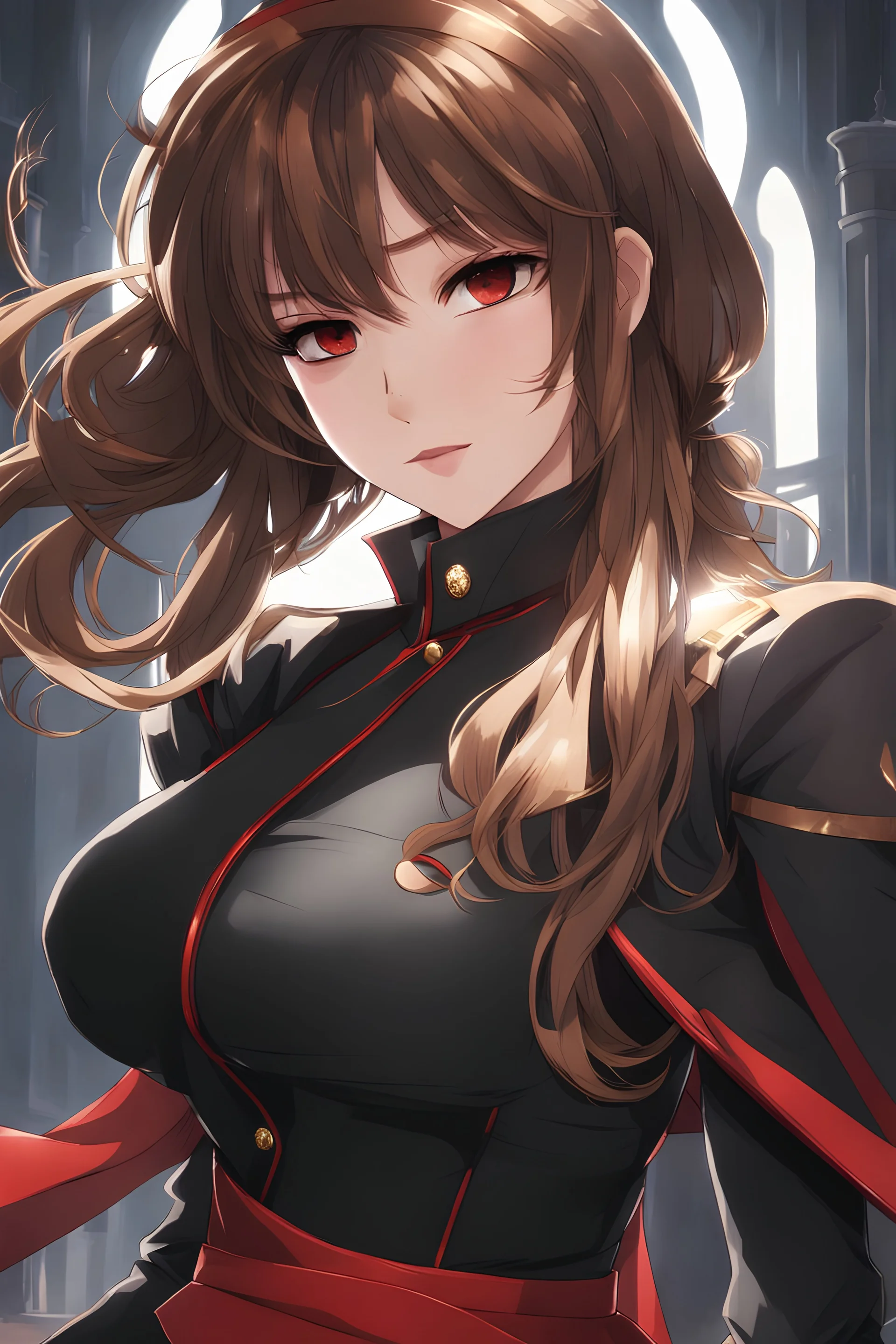 (masterpiece), (anime style), award winning, close up, centered, headshot, looking toward camera, long brown hair, young woman, redeyes, modern, dynamic lighting, ultra detailed, (epic composition, epic proportion), professional work, black and red clothes