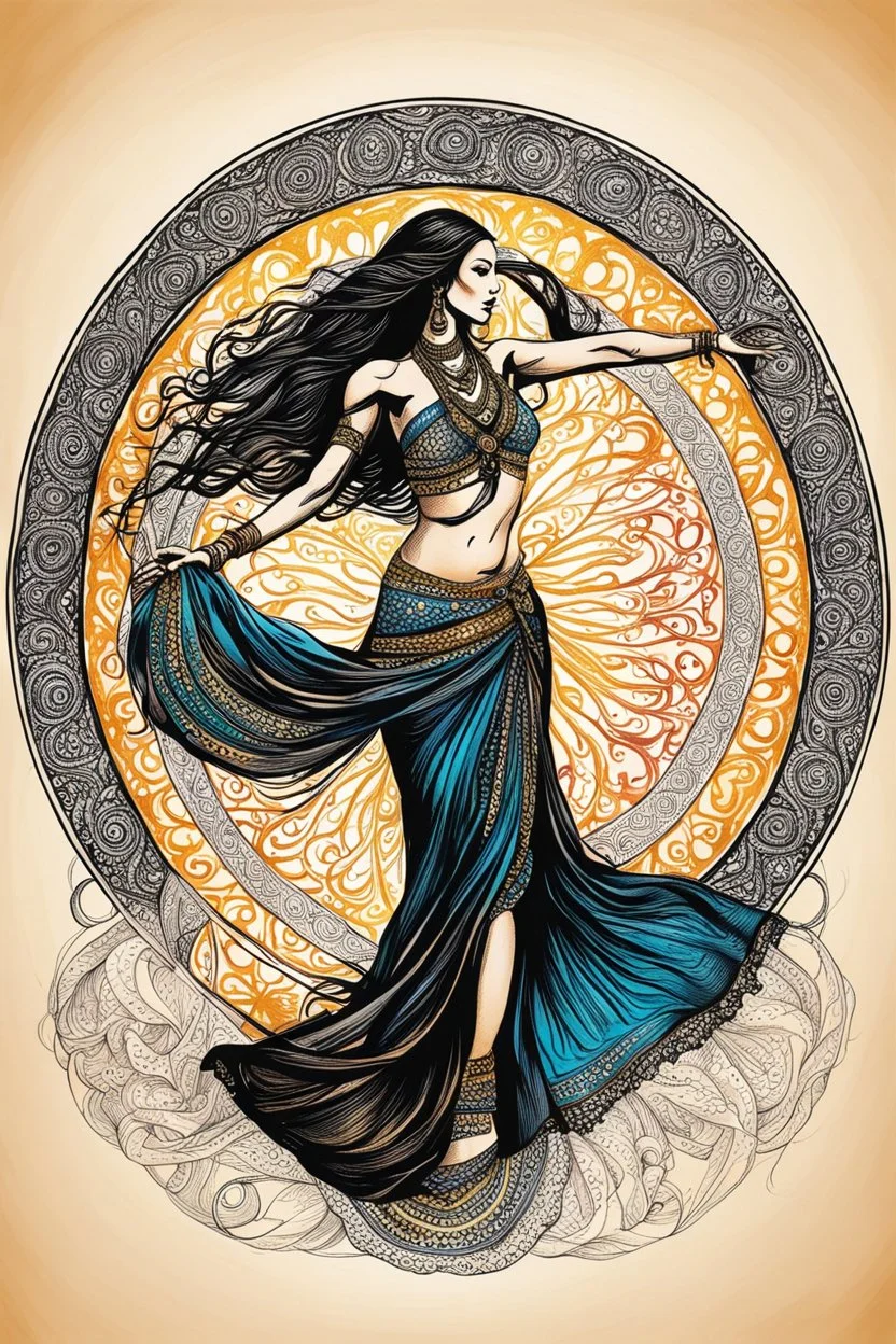 a belly dancer woman with long hair dancing on the circle square , beautiful colors, sunshine and black ink, pen drawing