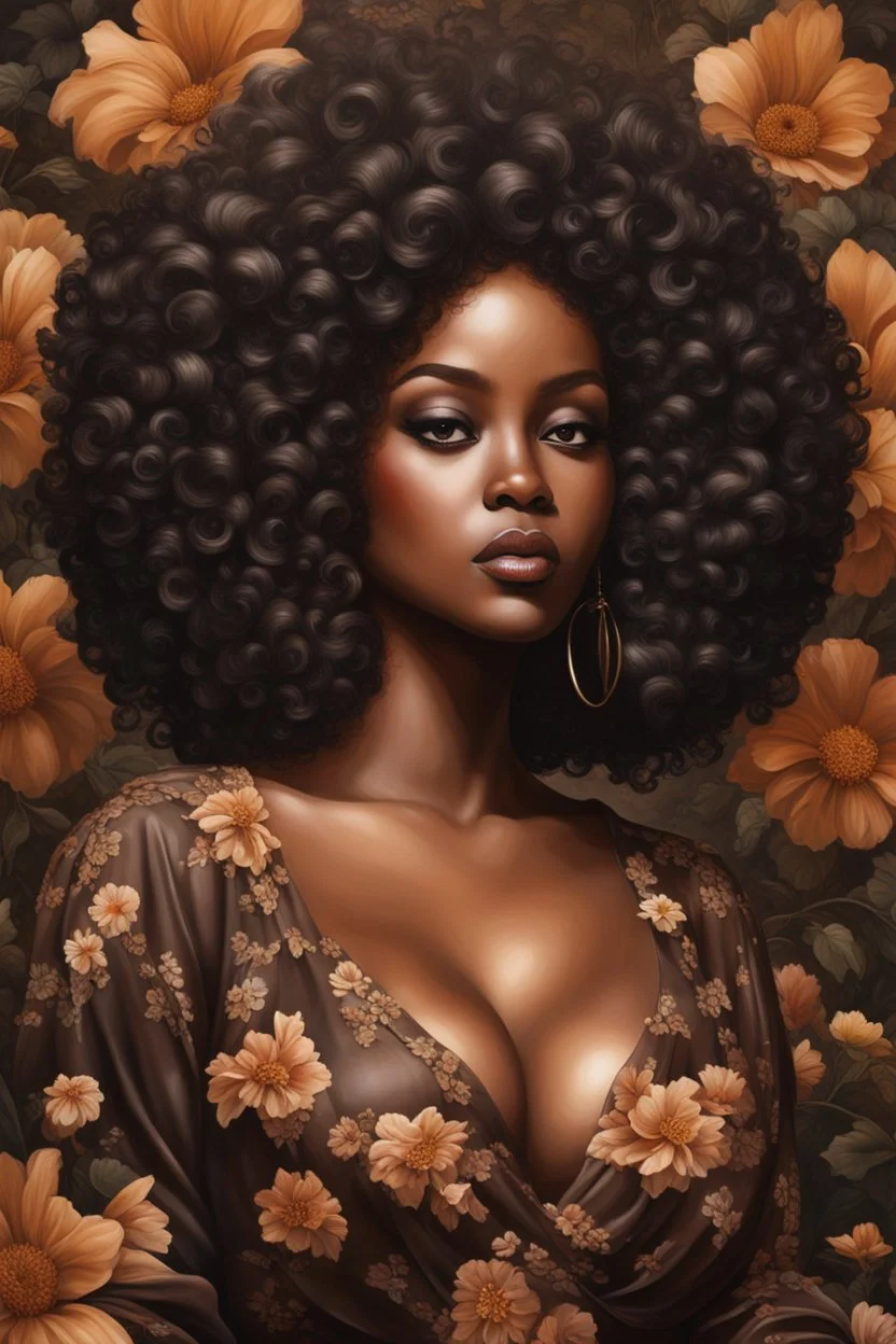 Create an oil painting image of a curvy black female wearing a brown off the shoudler blouse and she is looking down with Prominent makeup. Highly detailed tightly curly black afro. Background of large brown and black flowers surrounding her