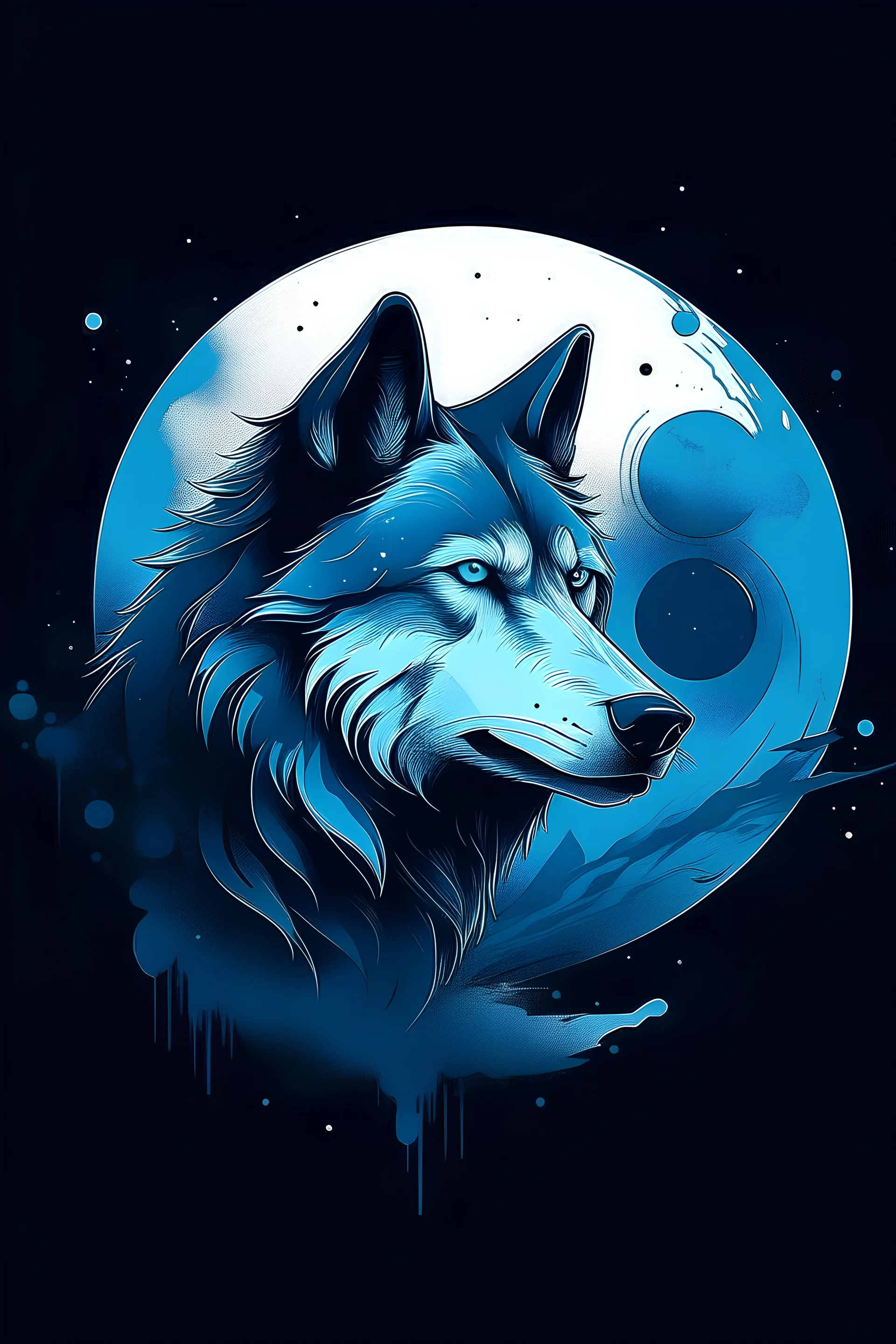 "Create an AI painting logo that captures the enigmatic essence of a wolf. Set against a backdrop of a moonlit night, depict the wolf in partial silhouette, its fur appearing as a blend of shadows and moonlight. Convey the untamed beauty and mystique of this majestic creature."