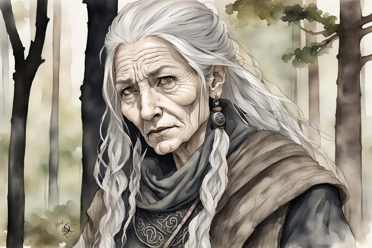 ink wash and watercolor illustration of an ancient grizzled, gnarled female vagabond wanderer, long, grey hair streaked with black, highly detailed facial features, sharp cheekbones. Her eyes are black. She wears weathered roughspun Celtic clothes, emaciated and tall, with pale skin, full body , thigh high leather boots within a forest of massive ancient oak trees in the comic book style of Bill Sienkiewicz and Jean Giraud Moebius , realistic dramatic natural lighting